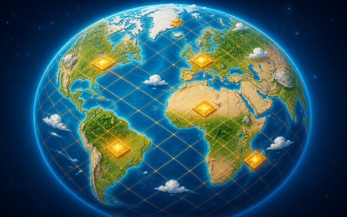 Illustration of Earth covered in a glowing grid with gold treasure tiles